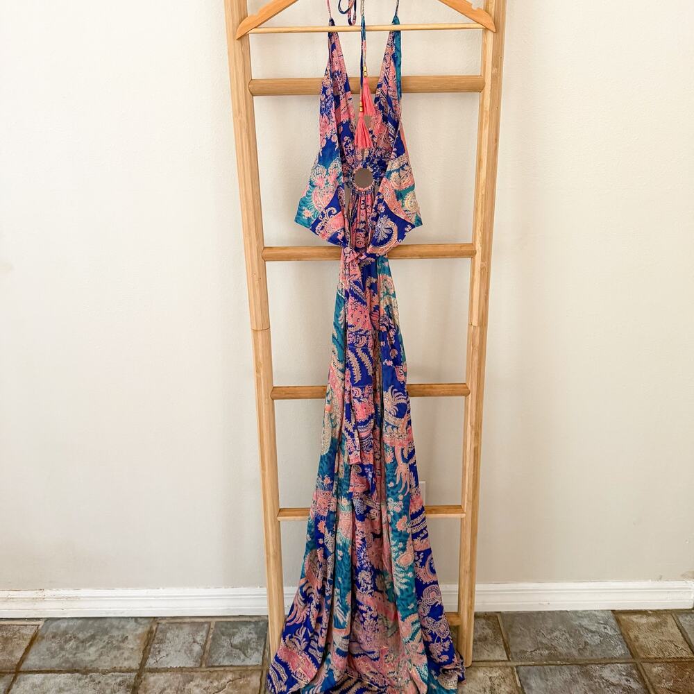 Silk Italy Paisley Maxi Dress Size Small Halter Cutout Open Back Boho Resort - Picture 5 of 8